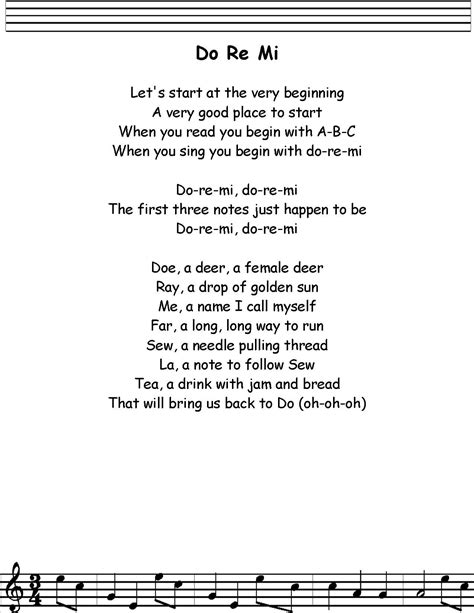 Listen: [SUNG] Doe, a deer, a female deer Ray, a drop of golden sun Me, a name, I call myself Far, a long, long way to run Sew, a needle pulling thread La, a note to follow So Tea, a drink with jam and bread That will lead us back to Do, oh, oh, oh [WITH CHILDREN] Doe, a deer, a female deer Ray, a drop of golden sun Me, a name, I call myself ...